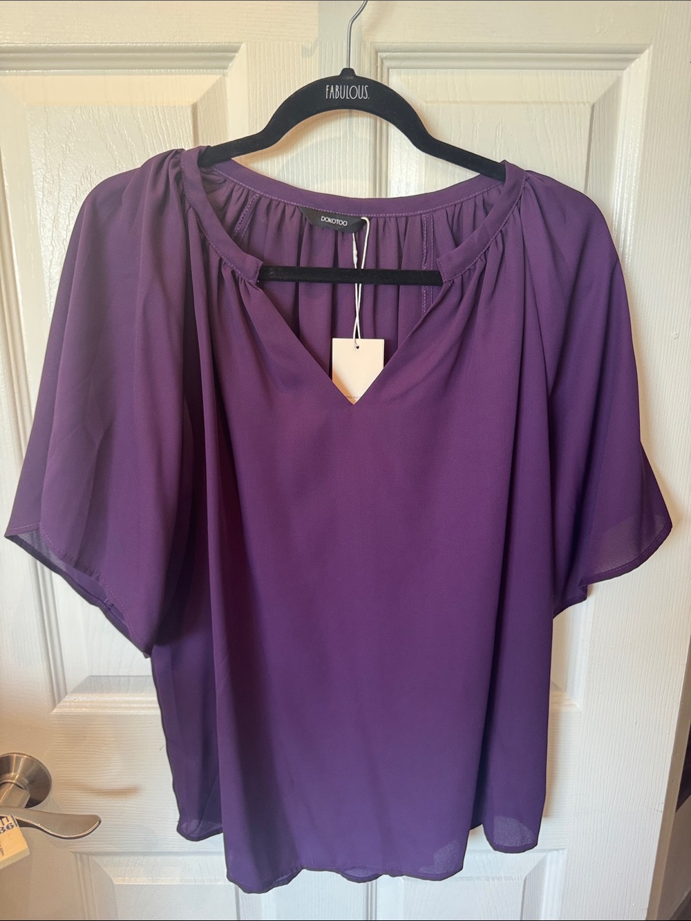 Casual V-Neck Plum Blouse with Sheer Short Sleeves